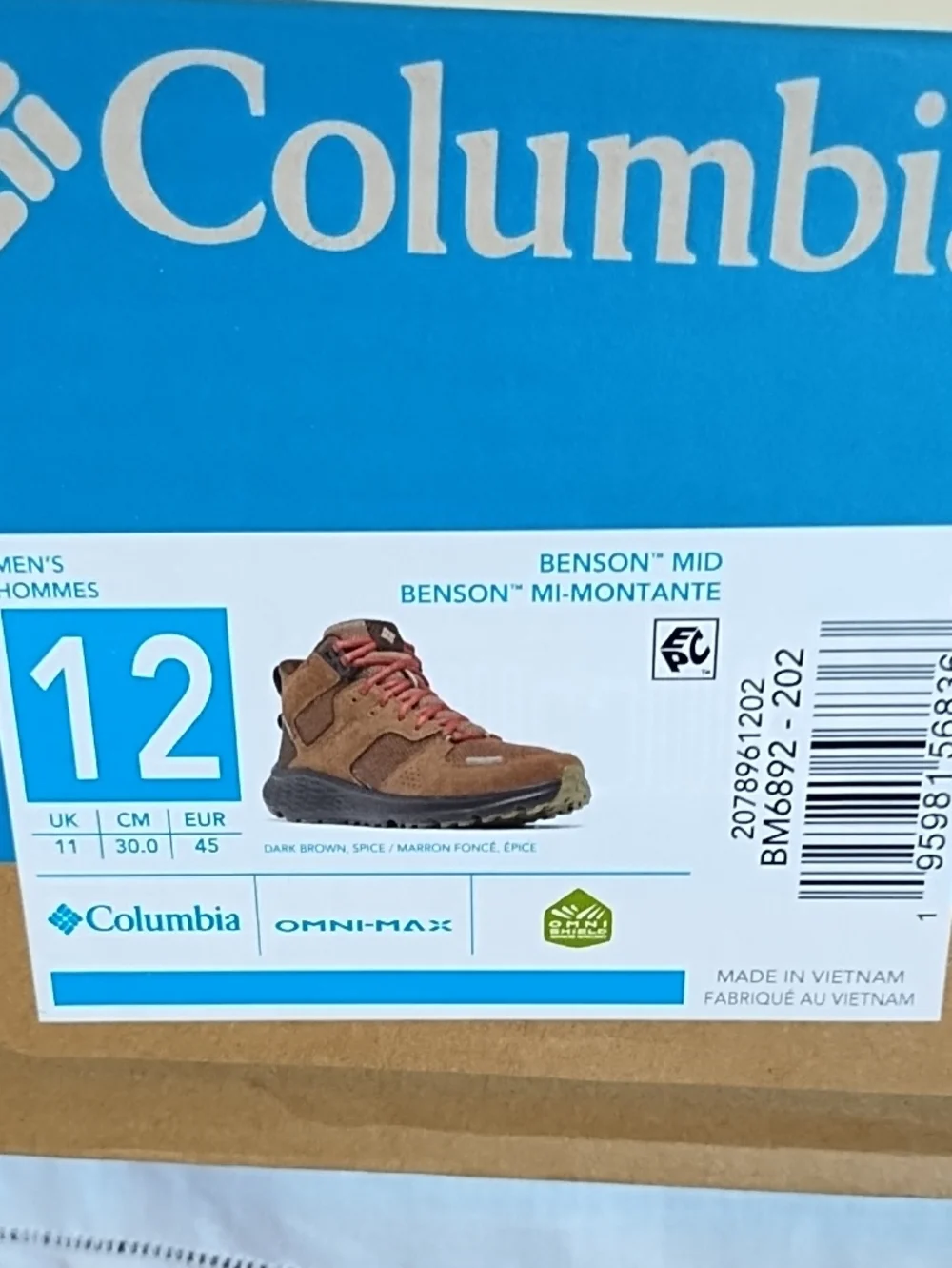 COLUMBIA MEN'S BENSON MID OMNI-SHIELD HIKING BOOTS NIB SZ 12.